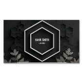 六角エレガント銀ボタニカルブラック マグネット名刺 (正面)