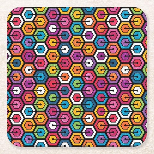 六角カラフル形の幾何学模様 スクエアペーパーコースター (正面)