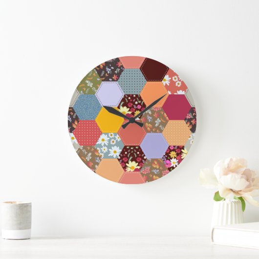 六角カラフル花キルティングデザイン ラージ壁時計 (ホーム)