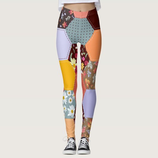 六角カラフル花キルティングデザイン レギンス (正面)