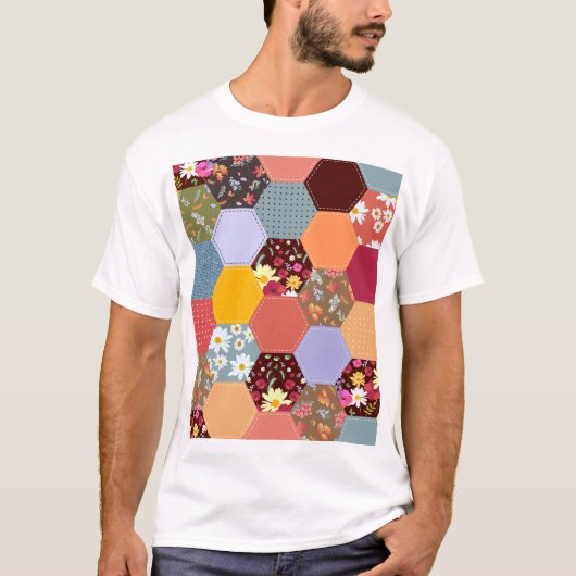 六角カラフル花キルティングデザイン Tシャツ (正面)