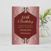 六角ピンクレッドおよび金ゴールド幾何学的誕生日 招待状 (スタンド正面)