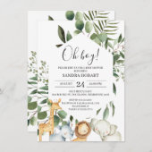 六角フレーム緑サファリベイビーシャワー 招待状 (正面/裏面)