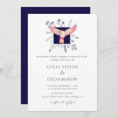 六角ブルーモノグラム飛んでいるフォレストバ結婚ードズ 招待状 (正面/裏面)