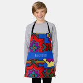 六角ポップ・アートの花赤ブルーアイソメパターン エプロン (着用した状態)