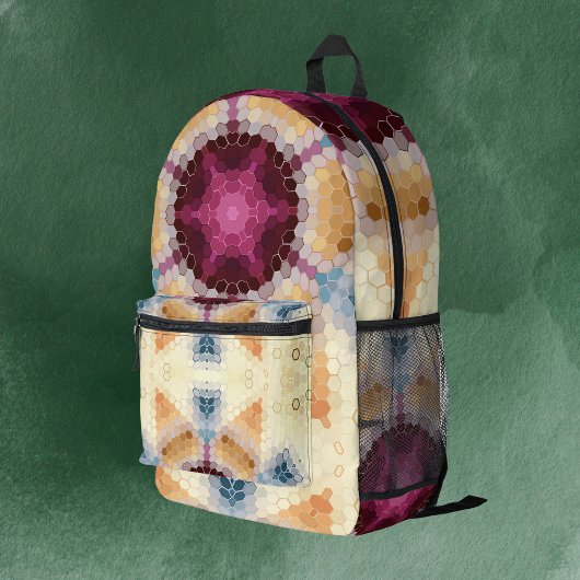 六角マンダラオレンジピンクとブルー プリントバックパック