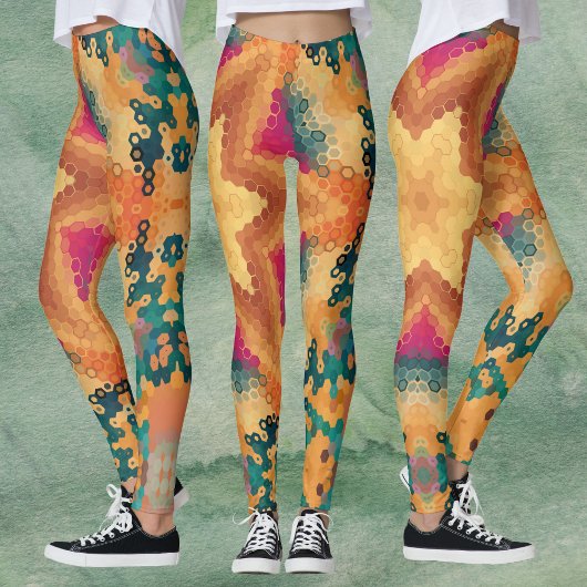 六角マンダラオレンジブルーとピンク レギンス