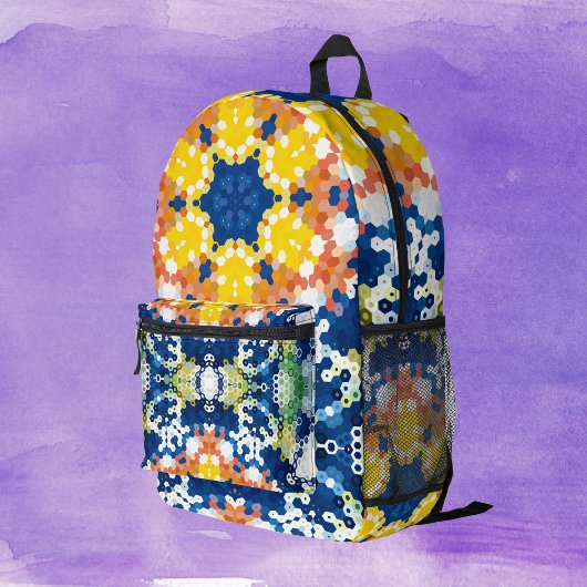 六角マンダラブルーイエローオレンジと緑 プリントバックパック