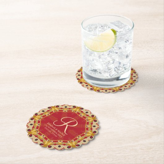 六角ラブレッド金ゴールドモノグラム名前をカスタムする ペーパーコースター (インサイチュ)