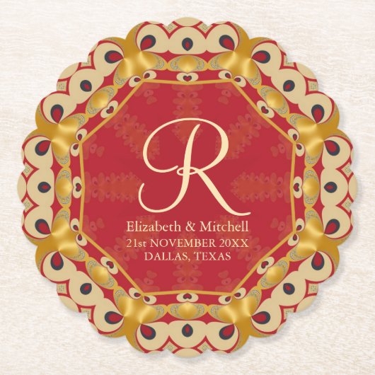 六角ラブレッド金ゴールドモノグラム名前をカスタムする ペーパーコースター (正面)