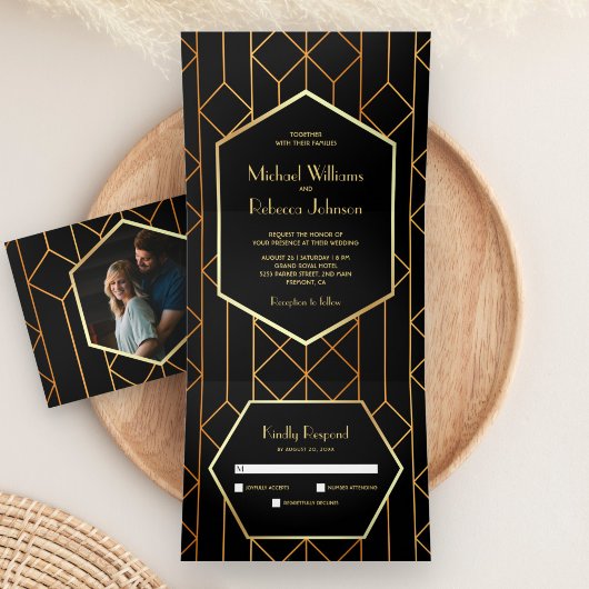 六角レトロアールデコブラック金ゴールド3 結婚 in 1's 三つ折り招待状