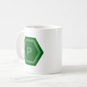 六角形のなかの太字グリーンモノグラム1文字 コーヒーマグカップ (正面左)