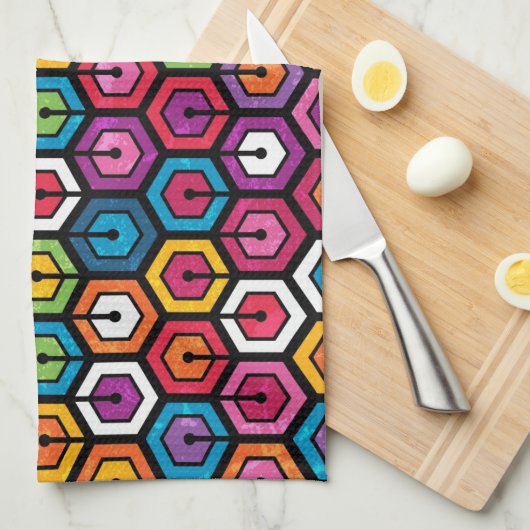 六角形のカラフルで幾何学的なパターン キッチンタオル (四つ折り)