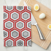 六角形の着物のプリント、赤いおよび灰色/灰色 キッチンタオル (四つ折り)