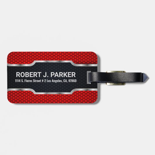 六角形メッシュパターンのメタリックライン上の赤 ラゲッジタグ (裏面横)