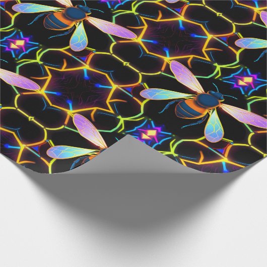 六角鮮やか抽象芸術のネオンミツバチ ラッピングペーパー (角)