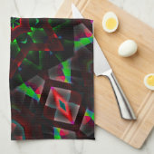 六角、緑、赤のグラデーションの万華鏡のように千変万化するパターン キッチンタオル (四つ折り)