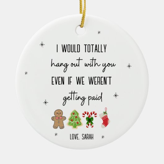 共働きおもしろいのクリスマスパーソナライズされたオフィスギフト セラミックオーナメント (正面)