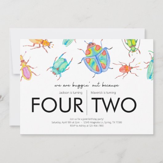 共同の誕生日パーティー - 虫のテーマ 招待状 (正面)