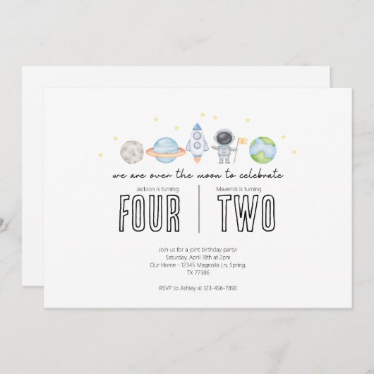 共同の誕生日招待状 - スペースをテーマにした - 現代風 招待状 (正面/裏面)