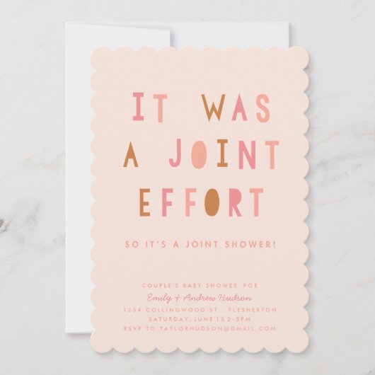 共同エフォートカップルのベビーシャワー招待状赤面 招待状 (正面)