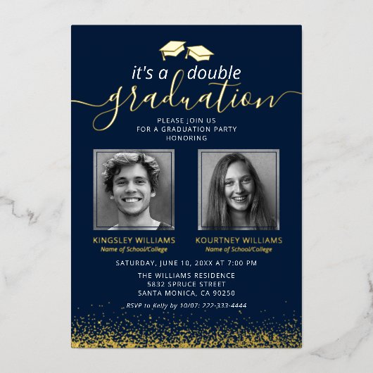 共同エレガント卒業写真海軍金ゴールド 箔招待状 (正面)