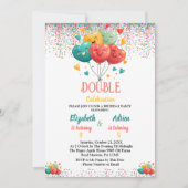 共同カラフルツインバースデーパーティー子供へ 招待状 (正面)