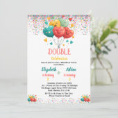 共同カラフルツインバースデーパーティー子供へ 招待状 (スタンド正面)