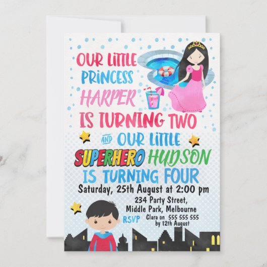 共同スーパーヒーローおよびプリンセスの誕生日の招待状 招待状 (正面)