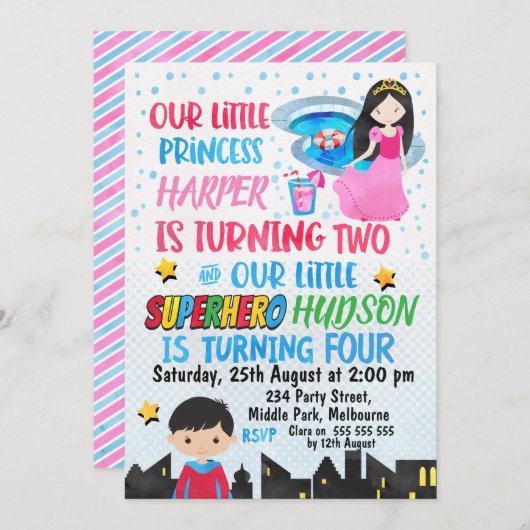 共同スーパーヒーローおよびプリンセスの誕生日の招待状 招待状 (正面/裏面)