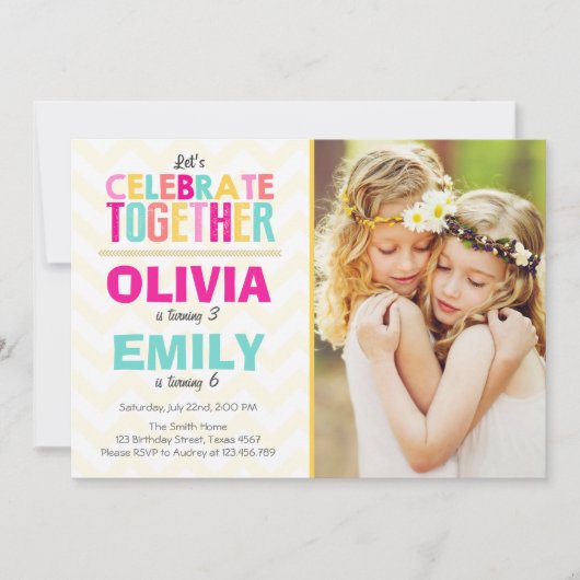共同ツインバースデーパーティーの招待ガールズピンク 招待状 (正面)