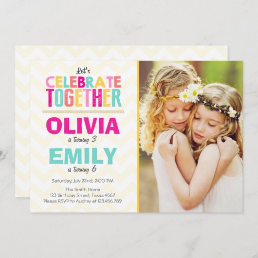 共同ツインバースデーパーティーの招待ガールズピンク 招待状 (正面/裏面)