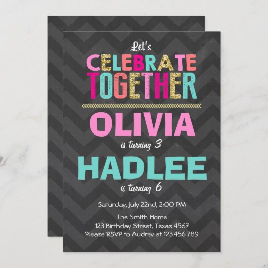 共同ツインバースデーパーティー招待女の子ピンク 招待状 (正面/裏面)