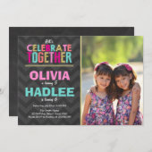 共同ツイン誕生日パーティーの招待ガールズピンク 招待状 (正面/裏面)