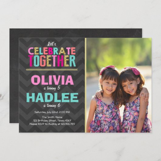 共同ツイン誕生日パーティーの招待ガールズピンク 招待状 (正面/裏面)