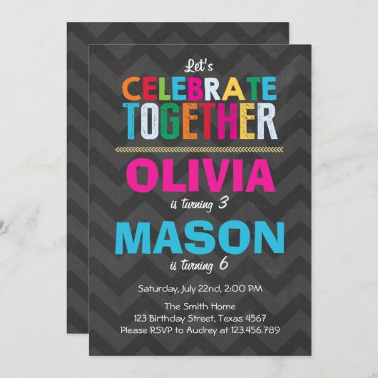 共同ツイン誕生日パーティーの招待ボーイ·ガール 招待状 (正面/裏面)