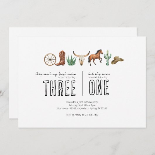 共同バースデーパーティー – ウェスタンロデオテーマ 招待状 (正面/裏面)