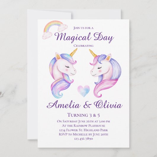 共同ユニコーンシスターズ兄弟姉妹誕生日パーティー 招待状 (正面)