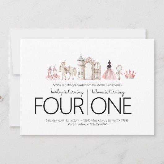 共同誕生日パーティー – プリンセステーマ招待状 招待状 (正面)