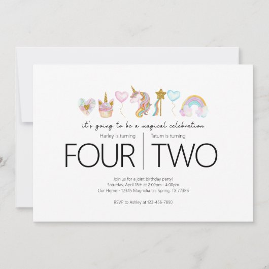 共同誕生日パーティー – Unicornテーマ 招待状 (正面)