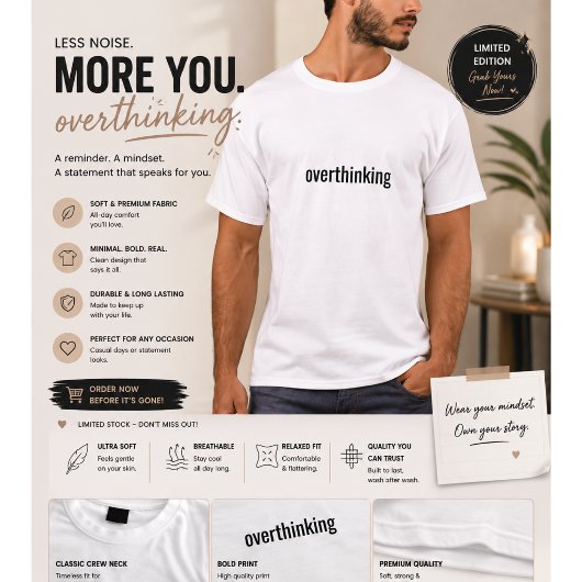 共感できるミニマリストTシャツ for 男性 | Overthinking Tシャツ