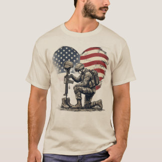 兵士が跪く倒れた英雄アメリカ国旗ハートG Tシャツ