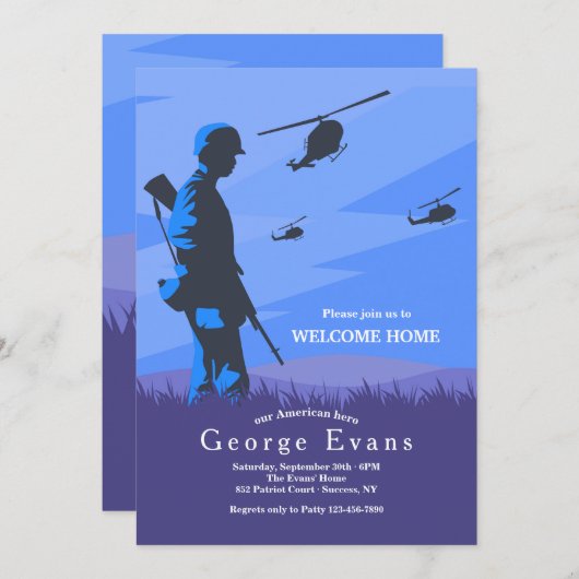 兵士とヘリコプターの軍隊ウェルカムホーム 招待状 (正面/裏面)