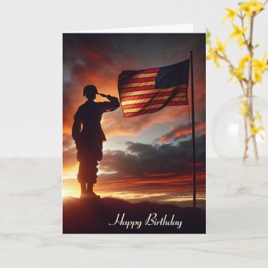 兵士のサルティング国旗退役軍人の誕生日 カード (黄色い花)