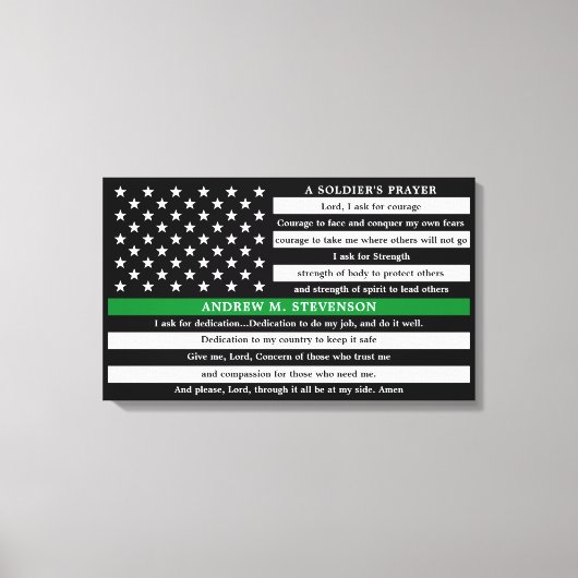 兵士の祈りの言葉パーソナライズされた薄い緑の線 キャンバスプリント (正面)