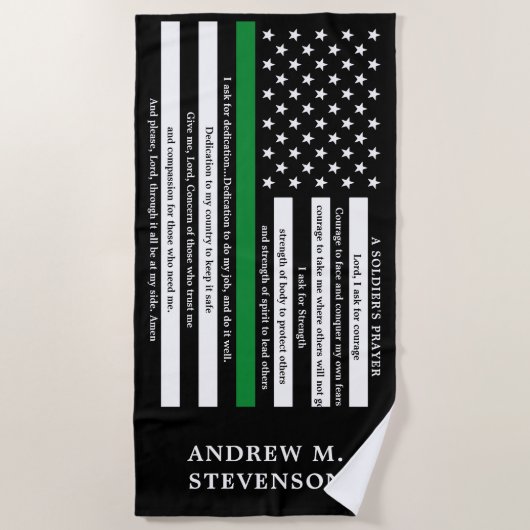 兵士の祈りの言葉パーソナライズされた薄い緑の線 ビーチタオル (正面)