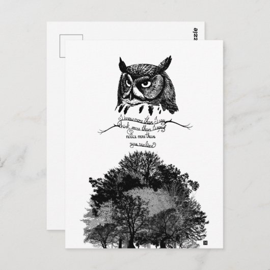 内向きエンパスフクロウ知恵図解入りの、写真付きのインク引用文 ポストカード (正面/裏面)