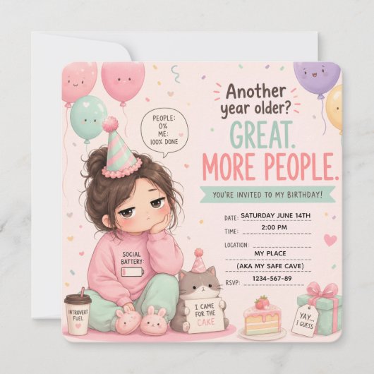 内向的な人のソーシャルバッテリーをテーマにした誕生日パーティー 招待状 (正面)