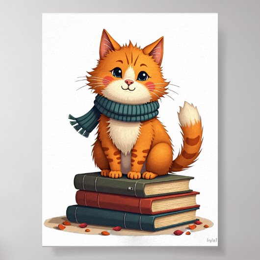内向的な猫が本を読む、ほっこり秋の可愛い世界 ポスター (正面)