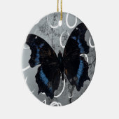 円が付いている銀製の地面の黒く及び青の蝶 セラミックオーナメント (右)